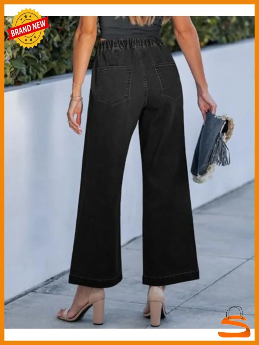 Wide Leg Drawstring Tie Elastic Waist Stretchy Denim High Waisted Jeans Trouser